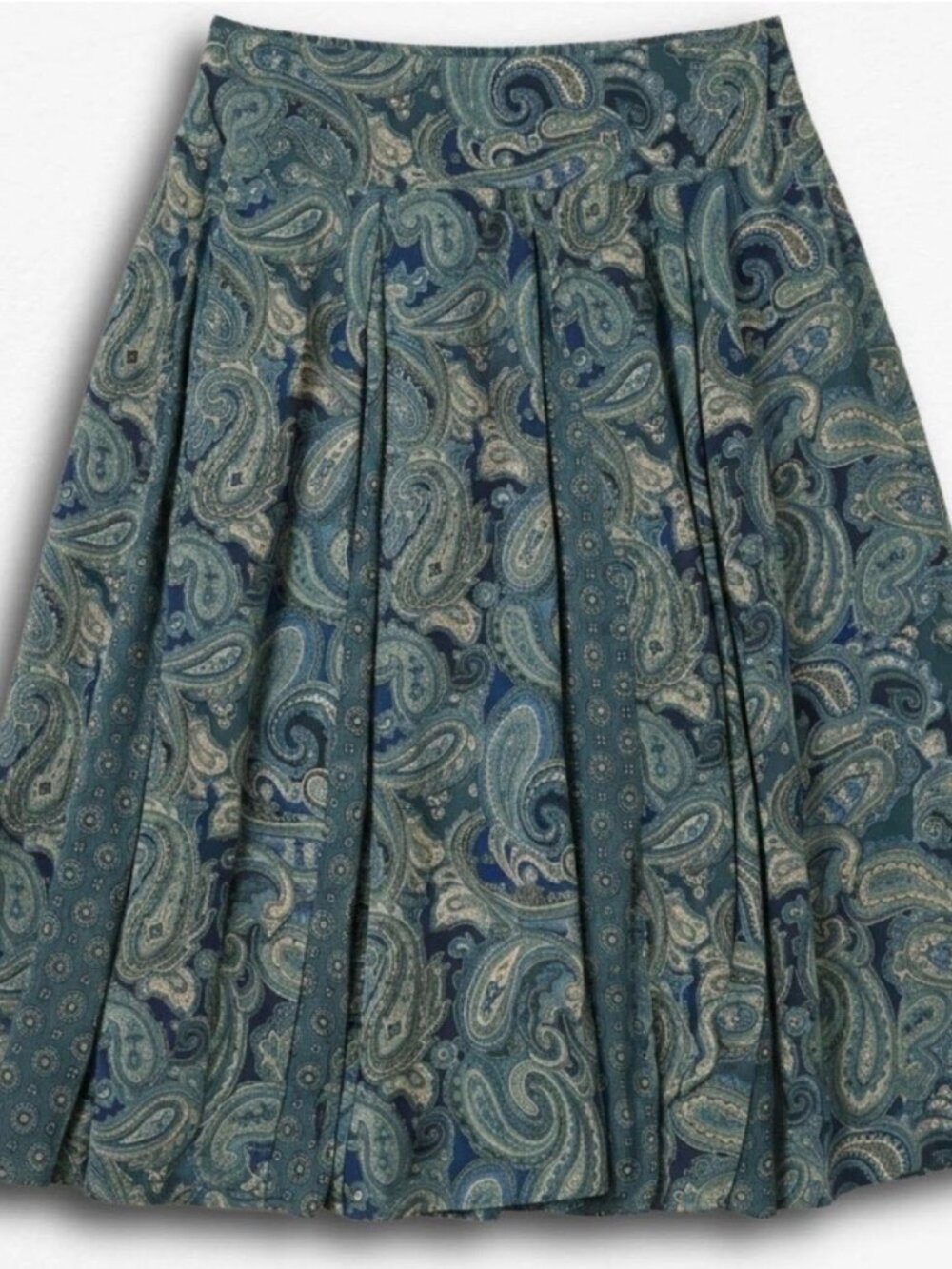 Coldwater Creek A-line Midi Skirt Size L Womans Green Blue Paisley Pleated Boho